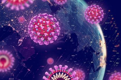 Globe with COVID-19 molecules